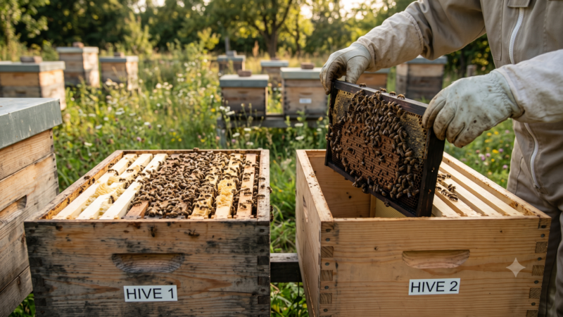 =Ein Imker teilt ein starkes Bienenvolk auf zwei geöffnete Beuten auf und setzt dabei eine Brutwabe in den neu gebildeten Brutling um.