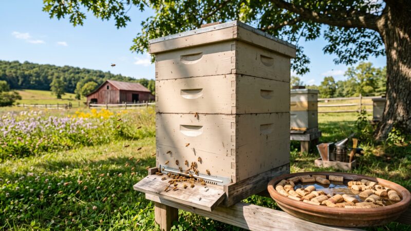 =Bienenstock unter Sonnenschein mit schattenspendendem Baum im Hintergrund; Bienen am Flugloch und eine Tränke im Vordergrund