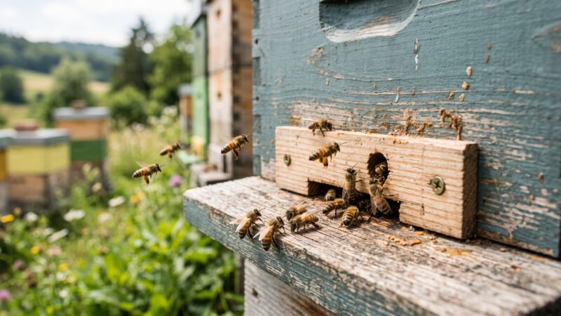=Bienen vor einem verkleinerten Flugloch: ruhiger Einflug, Fluglochreduzierer sichtbar