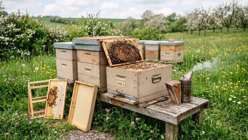 =Bienenvolk vor einer geöffneten Beute: Blick auf Rähmchen und Bienen bei Routinekontrolle am Bienenstand
